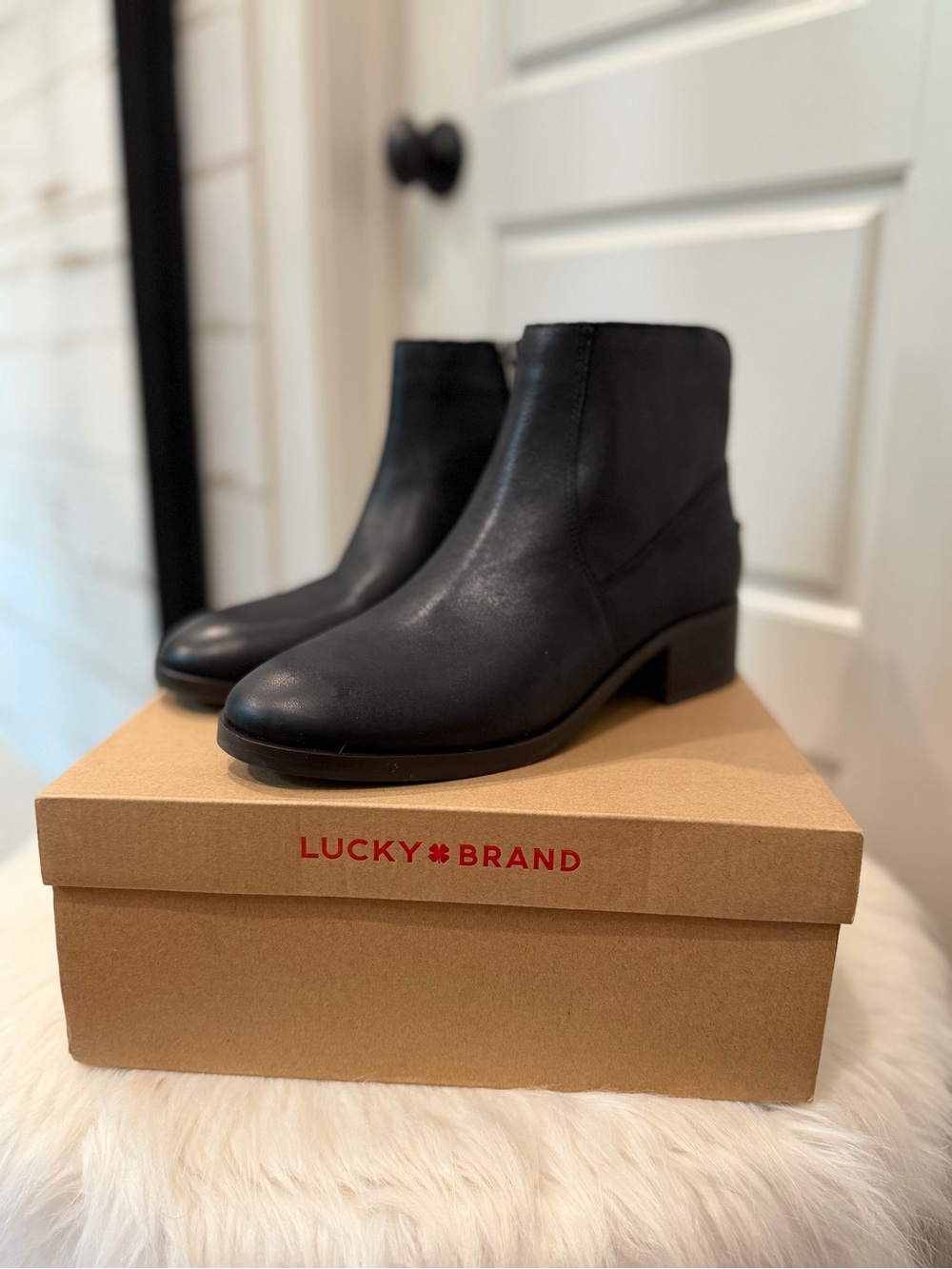 Lucky Brand Black Leather Low Block Heel Ankle Boots
